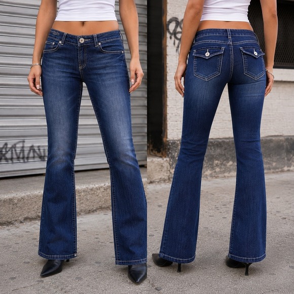 INC International Concepts Denim - Y2K Dark Wash Bootcut Jeans Low Rise Contrast Stitch Flap Pockets